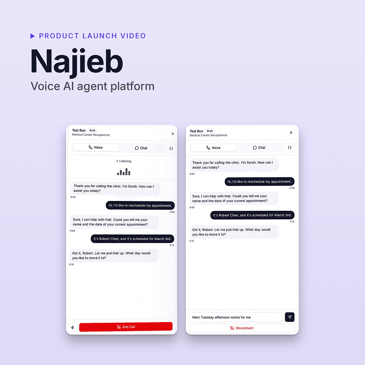 Najieb preview: AI voice-agent platform screens