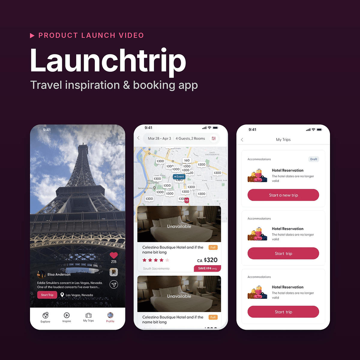 LaunchTrip preview: group travel booking app screens