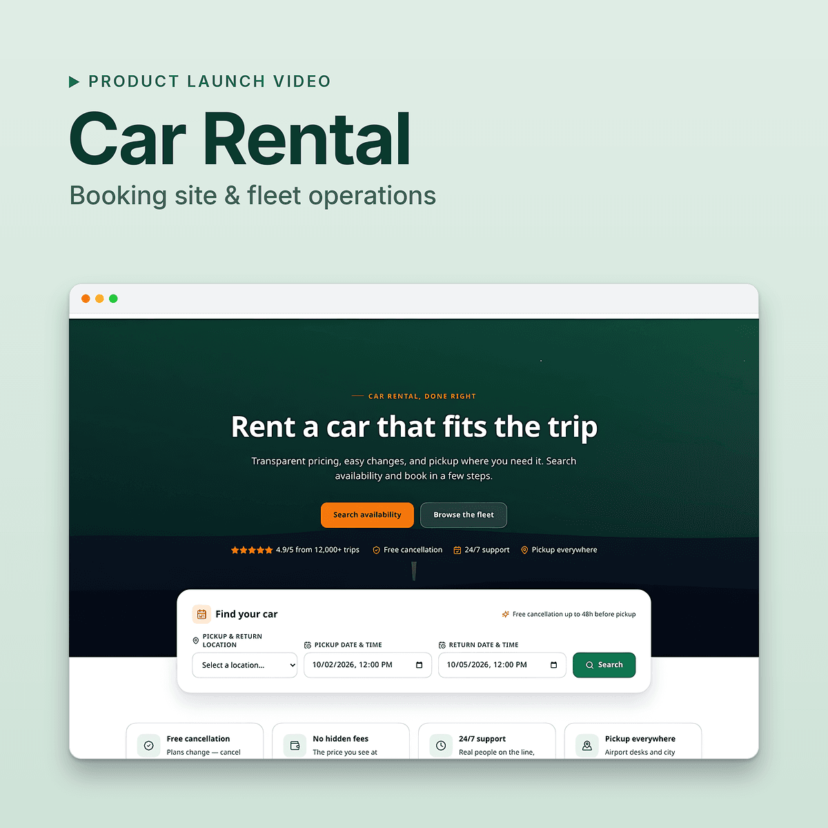 Car Rental App preview: customer booking website and fleet operations